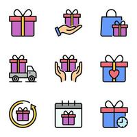gåva låda Färg linje ikoner uppsättning. överraskning, förpackning, paket, försäljning, marknadsföring, närvarande, band, leverans, årsdag, översikt, Lagra, bröllop, handla, köpa vektor