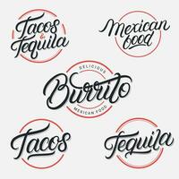 mexikansk mat och dryck tequila, tacos, burrito text logotyper, etiketter, emblem, tecken uppsättning. använda sig av för mexikansk restaurang, Kafé, mellanmål bar. årgång retro stil. modern kalligrafi. vektor illustration.