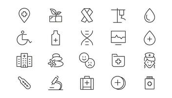 Medizin und Gesundheit Pflege eben Symbole. minimal dünn Linie Netz Symbol Satz. Gliederung Symbole Sammlung vektor