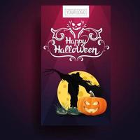 moderne, stilvolle, kreative vertikale rosa gruß-halloween-postkarte mit vogelscheuche und kürbisheber gegen den mond vektor