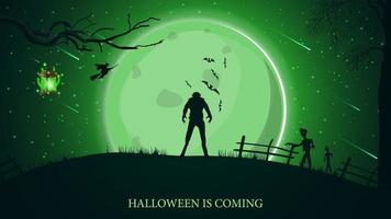 halloween kommer, vackert horisontellt hälsningsvykort med grönt halloween landskap, varulv, stor fullmåne och zombie vektor