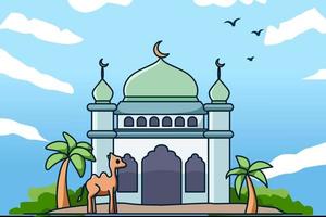 Moschee mit Dattelpalme und Kamelkarikaturillustration vektor