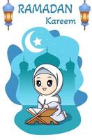 muslimisches mädchen, das ein buch bei ramadan kareem karikaturillustration liest reading vektor