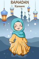 glad tjej som firar ramadan kareem på natten med tecknad illustration för lyktadekoration vektor
