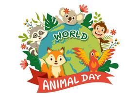 värld djur- dag vektor illustration med olika djur eller vilda djur och växter för livsmiljö skydd och skog i platt tecknad serie bakgrund mallar
