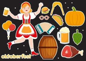 uppsättning av Lycklig oktoberfest festival element vektor illustration med öl, korv, fat, Tyskland flagga och Mer tecknad serie bakgrund design mallar