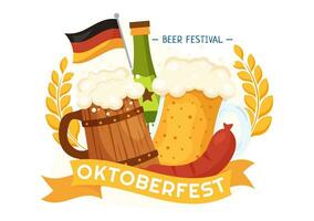 glücklich Oktoberfest Party Festival Vektor Illustration mit Bier, Wurst, Lebkuchen, Deutsche Flagge und ets Hintergrund eben Karikatur Hand gezeichnet Vorlagen