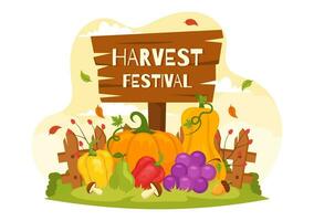 Lycklig skörda festival vektor illustration av höst säsong bakgrund med pumpor, lönn löv, frukt eller grönsaker i platt tecknad serie mallar