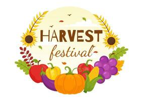 glücklich Ernte Festival Vektor Illustration von Herbst Jahreszeit Hintergrund mit Kürbisse, Ahorn Blätter, Früchte oder Gemüse im eben Karikatur Vorlagen