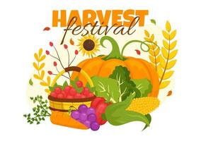 Lycklig skörda festival vektor illustration av höst säsong bakgrund med pumpor, lönn löv, frukt eller grönsaker i platt tecknad serie mallar