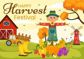 glücklich Ernte Festival Vektor Illustration von Herbst Jahreszeit Hintergrund mit Kürbisse, Ahorn Blätter, Früchte oder Gemüse im eben Karikatur Vorlagen