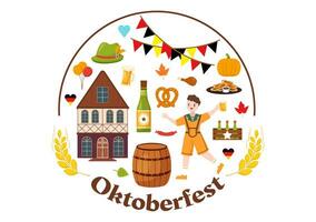 uppsättning av Lycklig oktoberfest festival element vektor illustration med öl, korv, fat, Tyskland flagga och Mer tecknad serie bakgrund design mallar