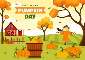 nationell pumpa dag vektor illustration på 26 oktober med söt tecknad serie stil pumpa karaktär på trädgård bakgrund hand dragen mall