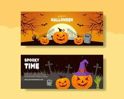 glücklich Halloween Tag horizontal Banner eben Karikatur Hand gezeichnet Vorlagen Hintergrund Illustration vektor