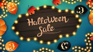 Halloween-Verkauf. Rabatt-Web-Banner mit Vintage-Holzbrett, Halloween-Ballons, Girlande und Herbstlaub auf blauem Hintergrund. vektor