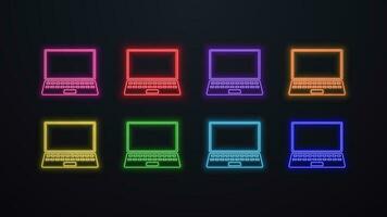 ein einstellen von Neon- glänzend glühend Laptop Symbole im Farben Blau, Grün, Rot, orange, Gelb, Rosa und lila auf ein schwarz Hintergrund. vektor