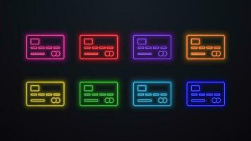 ein einstellen von Neon- glühend Bank Karte Symbole im Farben Blau, Gelb, orange, Grün, Rot, lila und Rosa auf ein schwarz Hintergrund. ein Konzept zum online Banken. vektor
