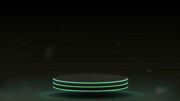 ett tömma podium med ljus grön neon på en mörk grå bakgrund. flytande plattform i rök. vektor