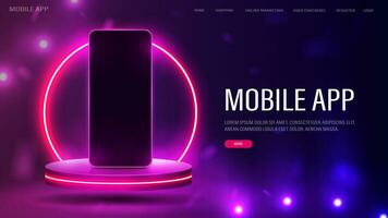 ein Konzept zum ein Webseite mit ein Handy, Mobiltelefon App und online Einkaufen. ein Smartphone auf das Podium mit ein hell Neon- Bogen auf ein Rosa und Blau Hintergrund. vektor