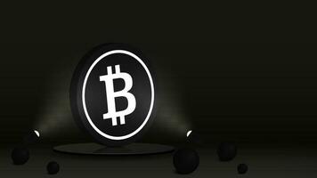 Banner zu ein Webseite mit ein schwarz Bitcoin Münze auf ein glänzend Podium beleuchtet durch Scheinwerfer. das Konzept im das bilden von ein Poster zum Kryptowährungen und Blockchain Technologien. vektor