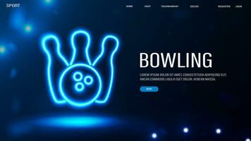 ein Netz Banner mit ein Neon- Bowling Stifte und ein Bowling balll auf ein Blau Hintergrund. vektor