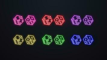 en uppsättning av neon 3d poker tärningar ikoner i färger röd, grön, gul, rosa, lila och blå på en mörk bakgrund. en begrepp för en kasino. vektor