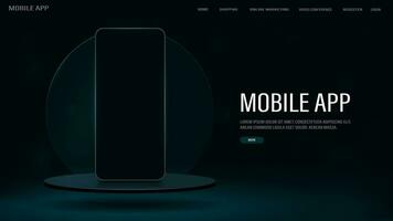 webb baner för mobil appar och uppkopplad Lagra. smartphone på de podium med en glas cirkel. vektor