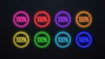 en uppsättning av neon ljus lysande ikoner 100 i en cirkel i färger grön, blå, lila, röd, gul, orange och rosa på en svart bakgrund. ett hundra procent. vektor