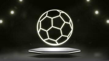 neon ljus fotboll boll på de podium med lysande strålkastare. bakgrund för en sporter baner. vektor