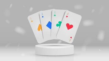 poker kort i annorlunda färger på en vit podium. en begrepp för en 3d kasino hemsida. vektor