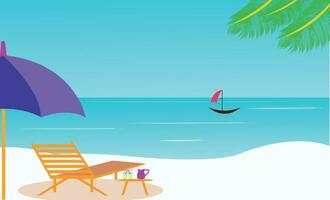 sommar högtider bakgrund. paraplyer, skrivbord stol, boll, livboj, solskyddsmedel, sjöstjärna, och kokos cocktail på en sandig strand vektor