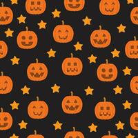 sömlös vektor mönster för halloween med söt leende orange pumpor och stjärnor på en svart bakgrund. Semester bakgrund för omslag papper, tyg, textil, klippbok.