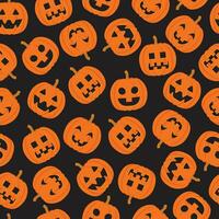 nahtlos Vektor Muster zum Halloween mit süß lächelnd Orange Kürbisse auf ein schwarz Hintergrund. Urlaub Hintergrund zum Verpackung Papier, Stoff, Textil, Sammelalbum.