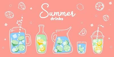 Limonade. Vektor Illustration von hausgemacht Limonade. Hand gezeichnet. einstellen von Sommer- Zitrusfrüchte Getränke mit Eis im eben Stil.