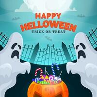 glücklich Halloween Banner. mit Geist, Mond, Nacht Wolke und Kürbis gefüllt mit Halloween Süßigkeiten vektor