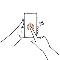 Hand gezeichnet Gekritzel Person Hand berühren Smartphone Symbol vektor