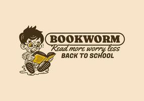 bokmal, läsa Mer oroa mindre, illustration av en liten pojke Sammanträde och läsning en bok vektor