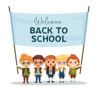 Kinder mit Textil- Banner herzlich willkommen zurück zu Schule. Schule Banner Konzept. Vektor Illustration.