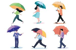 hand dragen par innehav paraplyer i de regn i platt stil vektor