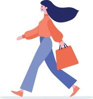 Hand gezeichnet glücklich Frau halten Einkaufen Taschen und Gehen im Einkaufen Einkaufszentrum im eben Stil vektor
