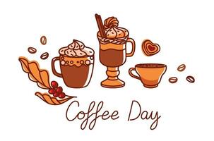 cezve, Kaffee Topf und verschiedene Typen von Kaffee. International Kaffee Tag Banner. Kaffee Tag Banner. Vektor
