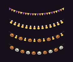 söt halloween flaggväv krans uppsättning med domkraft o lykta, pumpa och godis majs. enkel lura eller behandla baner hängande fest dekor vektor element.