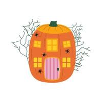 halloween pumpor, höst Semester. pumpa hus med ristade fönster, dörrar och spindlar. vektor