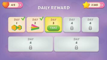 dagligen belöningar. gui utrustning tillfällig tillgångar för en spel mobil, en uppsättning av användare gränssnitt element och popup-fönster för de spel gränssnitt. vektor