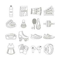 protein, sneakers, sportkläder, hörlurar, kondition Kolla på. sport Utrustning. kondition lager. linje konst. vektor