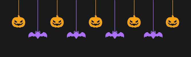 Lycklig halloween baner eller gräns med lysande fladdermöss och domkraft o lykta pumpor. hängande läskigt ornament dekoration vektor illustration, lura eller behandla fest inbjudan