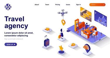 Isometrische Landingpage des Reisebüros. Der Betreiber hilft dem Kunden bei der Auswahl des Isometriekonzepts für die Urlaubsreise vektor