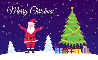 Weihnachtsmann, Weihnachtsbaum Tanne flaches Design Symbol Zeichen Vektor Illustration Postkarte