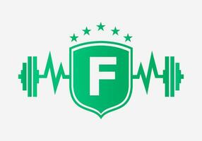 Brief f Fitnessstudio Fitness Logo Design Konzept mit Hantel Schild und Start Symbol. Bodybuilding Fitnessstudio Symbol vektor