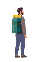 jung Mann Wandern Tourist mit ein Rucksack. das Konzept von draussen Aktivitäten. Wandern, Rucksackreisen. Vektor Illustration.